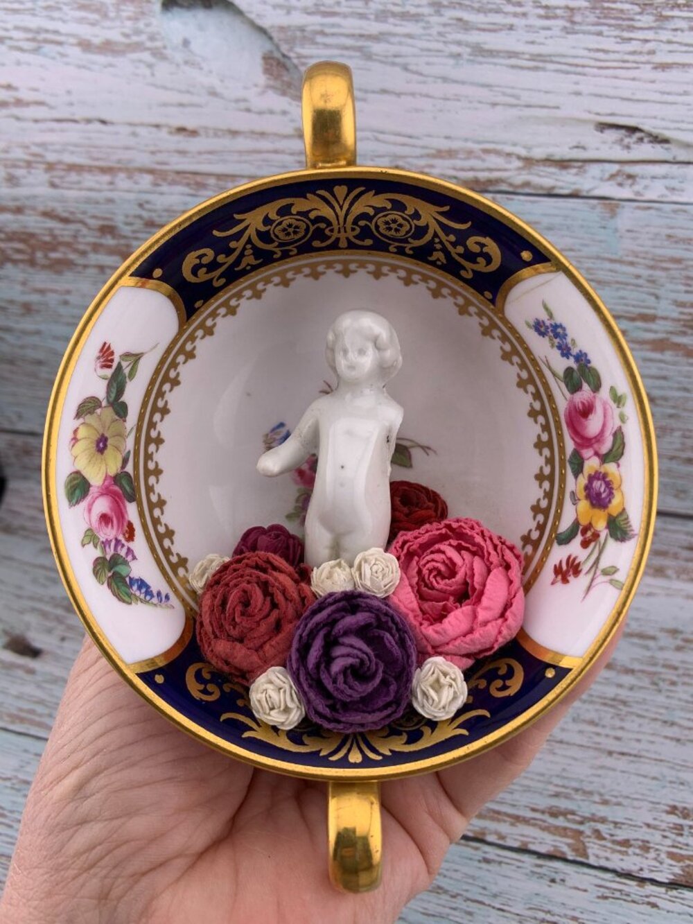 Teacup Broken Charlotte Doll Flowers Assemblage Art Hanging Ornament AA102